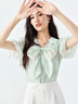 秋水伊人秋水伊人甜美蝴蝶結(jié)V領(lǐng)雪紡衫2024夏季新款女花苞袖減齡短袖上衣 果綠 M 曬單實(shí)拍圖