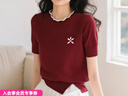 晚白【新品】2025夏款氣質(zhì)上衣花邊領(lǐng)針織短袖女 紅色 L 曬單實(shí)拍圖