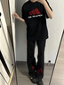 卡圖弛紅黑撞色拼接微喇牛仔褲男夏季潮流高街設(shè)計感美式工裝直筒長褲子 黑色 XL 曬單實(shí)拍圖