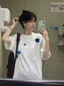 美式國潮牌花朵印花短袖T恤男女夏季新款寬松百搭情侶半袖體恤衫 25230白色 M 曬單實(shí)拍圖