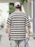 FOX.G男士短袖t恤男條紋寬松衣服男裝夏季2025新款男生半袖百搭情侶裝 卡其色圓領(lǐng)細條紋撞色T恤 2XL 【建議135-150斤】 曬單實拍圖