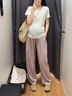 西瓜媽媽孕婦褲子夏季2025薄款無(wú)托腹冰絲抽繩休閑闊腿褲女裝小個(gè)子夏款 夏季款-香芋色 M 90-120斤 曬單實(shí)拍圖