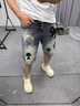 GLXLG短褲男十字架拼皮刺繡牛仔夏季個(gè)性壓印無(wú)彈高街痞帥破洞四五分褲 藍(lán)色 28 適合90-105斤 曬單實(shí)拍圖
