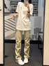 卡圖弛潮流拼接直筒牛仔褲男夏季美式高街痞帥高級(jí)感修身彎刀微喇長褲子 黃泥色 XL 【建議120-140斤】 曬單實(shí)拍圖
