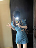 MR.KA辣妹設(shè)計感復(fù)古愛心紐扣牛仔套裝女夏菱格方領(lǐng)泡泡袖上衣a字短裙 藍色格紋上衣+半身裙【套裝】 M 95斤-105斤 曬單實拍圖