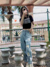 UKMR老爹牛仔褲女高腰潮流百搭夏季輕薄新款顯瘦寬松破洞哈倫九分褲子 淺藍(lán)色-破洞后松緊腰【高品質(zhì)】 L 碼【106-116斤】 曬單實拍圖