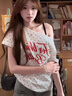 LDBE 波點(diǎn)斜肩短袖t恤女夏季美式復(fù)古辣妹風(fēng)設(shè)計(jì)感獨(dú)特漂亮上衣顯瘦 白色 M 【80-100斤】 曬單實(shí)拍圖