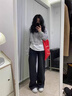 FSHE黑灰色闊腿牛仔褲女夏季薄款大碼高腰寬松顯瘦垂感窄版直筒拖地褲 黑灰色【磨白】褲 L 曬單實拍圖