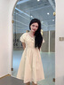 lagogo泡泡袖少女感純色連衣裙女拉谷谷2025夏新款甜美蝴蝶結(jié)裙子 米黃色 S 曬單實拍圖