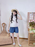 乖妮貓女童夏裝套裝2025新款兒童韓系穿搭中大童夏娃娃衫牛仔短褲兩件套 上衣+牛仔短褲 160 碼 曬單實拍圖