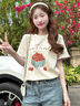LDBE美式甜美草莓印花短袖t恤女夏季2025新款寬松學(xué)院風(fēng)花邊半袖上衣 杏色 M 曬單實(shí)拍圖