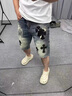 GLXLG短褲男十字架拼皮刺繡牛仔夏季個(gè)性壓印無(wú)彈高街痞帥破洞四五分褲 藍(lán)色 28 適合90-105斤 曬單實(shí)拍圖