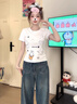 LDBE可愛(ài)卡通兔子刺繡短袖t恤女夏季新款小個(gè)子設(shè)計(jì)感修身正肩上衣潮 白色 L 【110-120斤】 曬單實(shí)拍圖