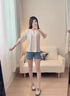香影【王楚然明星同款】白色娃娃衫上衣女夏含亞麻小衫淡人薄v領襯衫 米白 M 160/84A/95-110斤 曬單實拍圖