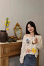 減齡可愛(ài)狗狗印花防曬罩衫長(zhǎng)袖t恤女春夏季寬松慵懶風(fēng)高級(jí)感上衣 杏色 M 曬單實(shí)拍圖