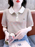 紅蜻蜓純棉短袖t恤女2025新款夏季條紋顯瘦寬松遮肉洋氣別致女士上衣 咖色條紋短袖 XL 【建議120-135斤】 曬單實拍圖