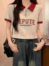 polo衫短袖t恤女2025新款夏季寬松港風(fēng)設(shè)計(jì)感小眾正肩翻領(lǐng)上衣服 藏青拼白灰色 M （95-105斤） 曬單實(shí)拍圖
