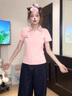LDBE甜美粉色翻領(lǐng)短袖t恤女夏季新款格子拼接修身設(shè)計感百搭顯瘦上衣 粉色 XL 【110-120斤】 曬單實拍圖