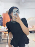 羅蒙（ROMON）法式感珍珠拼接泡泡袖上衣女夏季新款設計感小眾黑色短袖T恤 黑色 L -105-115斤 曬單實拍圖