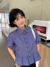 VEOX藍(lán)色格子襯衫女裝2025早秋新款寬松顯瘦甜美娃娃衫荷葉邊下擺上衣 藍(lán)色格子 M 95-105 曬單實拍圖