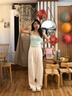 愛(ài)麥依休閑褲女高腰波點(diǎn)闊腿褲女2025新款寬松垂感顯瘦百搭直筒休閑長(cháng)褲 杏色長(cháng)褲 M 80-100斤 曬單實(shí)拍圖