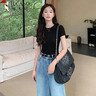 啄木鳥正肩短袖t恤女夏季2025新款圓領(lǐng)褶皺修身顯瘦收腰上衣 麻灰色  XL 曬單實拍圖