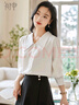 初申 春秋長(cháng)袖襯衫女法式氣質(zhì)大翻領(lǐng)通勤袖襯衣上衣S141C2990 白色 L  曬單實(shí)拍圖