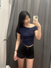 西兒辣妹斜肩短袖修身T恤女夏季緊身短款別致獨特絕美正肩露肩上衣 深藍色 L 105-120斤 曬單實拍圖