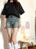 美式復古高腰牛仔短褲女夏季新款小個(gè)子顯瘦a字百搭闊腿熱褲子潮 復古藍 M 曬單實(shí)拍圖