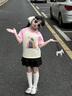 NASA STONE女童夏裝套裝2025新款兒童洋氣時髦短袖運動服女孩夏裝兩件套 粉杏+黑褲子【款一】 150 曬單實拍圖