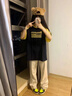何佳功短袖t恤女新款正肩拼接插肩學(xué)生小眾情侶裝上衣設(shè)計(jì)感寬松夏季 藏青雙拼黃色 L (110-130斤） 曬單實(shí)拍圖