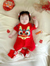 G. DUCKKIDS純棉連體衣滿月嬰兒衣服夏季男寶寶包屁衣周歲百天拍照服裝中國風 紅色純棉短袖龍 120克 90cm 曬單實拍圖