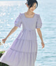 茵曼（INMAN）七七同款連衣裙2025夏女裝新款田園純棉提花方領A字泡泡袖蛋糕裙 紫色 L 曬單實拍圖
