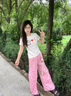 LDBE撞色格子彎刀休閑褲女2025新款秋季設(shè)計(jì)感寬松闊腿褲高腰垂感拖地 粉色 XL 曬單實(shí)拍圖