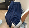 蘑菇同學(xué)新款復(fù)古亞麻刺繡闊腿褲女夏季2025系帶松緊腰寬松休閑遮肉燈籠褲 藏青 L 建議115-130斤 曬單實(shí)拍圖