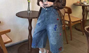 樂卡利趣味刺繡工裝牛仔七分褲女夏季2025新款高腰寬松闊腿中褲7分短褲 趣味牛仔七分褲藍色M 95-105斤 曬單實拍圖