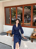香影掐腰襯衫連衣裙女2025秋季新款燈籠袖圍裹式藏青色v字翻領(lǐng)裙 藏青 S 曬單實(shí)拍圖