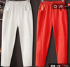 韓佟娜棉麻闊腿褲女薄款休閑顯瘦百搭夏季九分褲寬松緊腰哈倫褲純棉直筒 白色+桔色 L【建議100-115斤】 曬單實(shí)拍圖