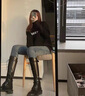 TKSY加絨緊身牛仔褲女2025秋冬新款高腰彈力修身顯瘦加厚鉛筆小腳褲子 藍(lán)灰色-鎖邊-絨-九分 加厚 25 曬單實(shí)拍圖