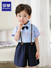 羅蒙男童小西裝背帶套裝男寶周歲生日花童禮服兒童演出服 藏青色120 曬單實(shí)拍圖