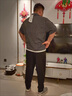 啄木鳥(niǎo)夏季短袖t恤男士套裝大碼假兩件條紋短袖西褲胖子男生寬松上衣服 黑色條紋冰絲T恤+黑色彈力冰絲褲 XL 【140-160斤穿】 曬單實(shí)拍圖