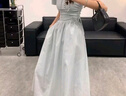 GARNUO赫本風法式方領藍色短袖連衣裙女夏季小個子高級感收腰顯瘦長裙子 藍色【短袖版】 M【111-120斤】 曬單實拍圖