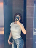 嫻柔不規(guī)則正肩短袖t恤女夏設(shè)計感弧形下擺抽褶辣妹緊身短款女裝上衣 白花灰【褶皺款】 卡碼拍大 L 【100-110斤】 曬單實拍圖