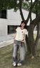 LDBE正肩撞色V領(lǐng)短袖T恤女夏季美式復(fù)古學(xué)院風(fēng)微寬松設(shè)計(jì)感刺繡上衣潮 杏色 L 【110-125斤】 曬單實(shí)拍圖