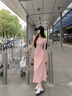 乖甜星粉色修身連衣裙女裙子收腰微胖a型長裙御姐小媽包臀裙夏 粉色 L 曬單實拍圖