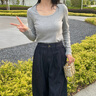 茵曼萊賽爾棉原色條紋翻邊闊腿牛仔褲2025秋季女裝新款寬松褲子 牛仔藍(lán) 26 曬單實(shí)拍圖