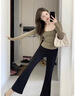 FitonTon高腰喇叭褲女顯瘦松緊腰馬蹄褲垂感彈力休閑褲黑色微喇褲 曬單實(shí)拍圖