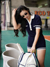 WISKII復(fù)古風(fēng)連體運(yùn)動(dòng)服女POLO領(lǐng)連體網(wǎng)球服健身服休閑運(yùn)動(dòng)服一體式套裝 午夜藍(lán)（連體褲） S 曬單實(shí)拍圖