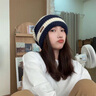 恒源祥針織帽女大頭圍新款秋冬百搭時(shí)尚保暖護耳潮寬松顯臉小條紋毛線(xiàn)帽 藏青 曬單實(shí)拍圖