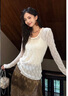 三吉黑花【歲歲暖】鏤空股線(xiàn)蕾絲微彈打底衫 月白長(cháng)袖 L 曬單實(shí)拍圖